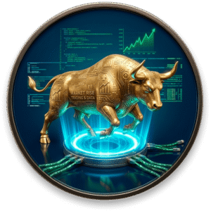 Toro dorado representando mercado alcista con gráficos financieros en subida y análisis del crecimiento económico