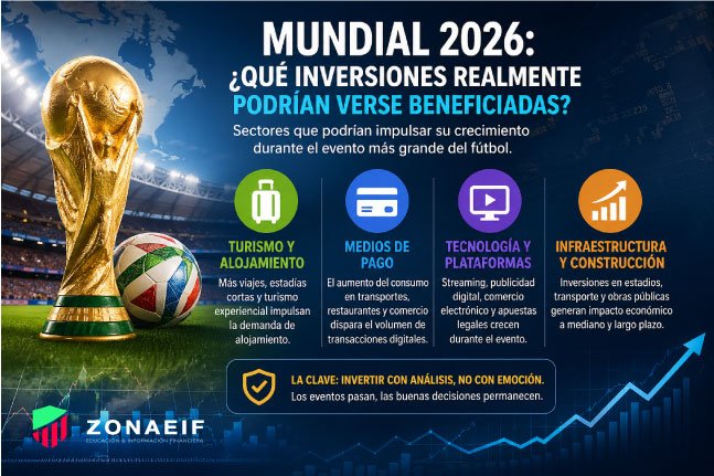 Infografía sobre inversiones en el Mundial 2026 mostrando sectores como turismo, medios de pago, tecnología e infraestructura