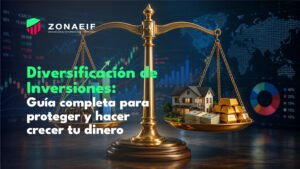 Diversificación de inversiones mediante acciones, bonos, efectivo, bienes raíces y oro en un portafolio financiero equilibrado.