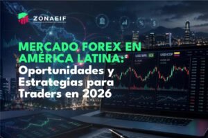 Mercado Forex en América Latina con gráficos financieros, pares de divisas USD/MXN, USD/BRL y USD/COP, representando el análisis macroeconómico y el trading de divisas.