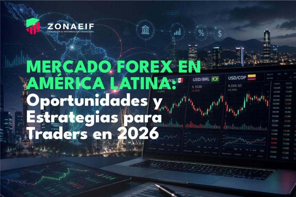 Mercado Forex en América Latina: Oportunidades y Riesgos para Traders Mercado Forex en América Latina con gráficos financieros, pares de divisas USD/MXN, USD/BRL y USD/COP, representando el análisis macroeconómico y el trading de divisas.